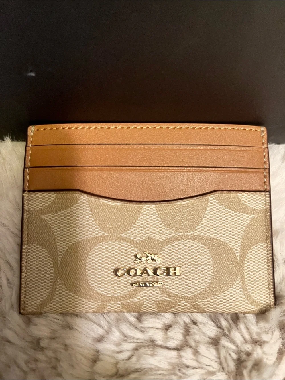 Coach Canvas Card Holder in Khaki & Saddle